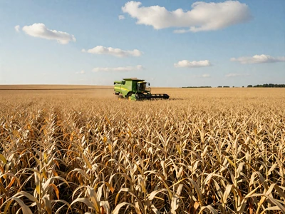 Golden Wisconsin cornfields at harvest with combine in the distance under blue Midwest sky