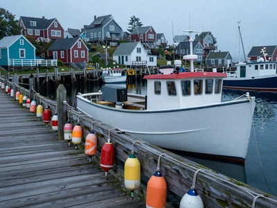 Maine lobster boat and colorful buoys at a small fishing harbor in coastal village