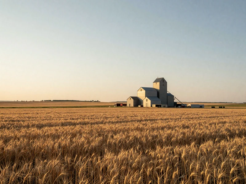 Kansas wheat field at golden hour with grain elevator on horizon representing Plains farming culture