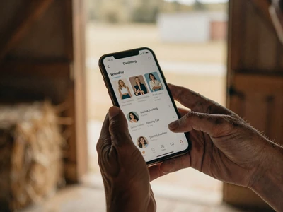 Farmer using Farmstead Singles mobile app in a barn doorway with golden light