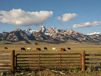 Montana ranch landscape with cattle and Rocky Mountains - Montana farmers dating