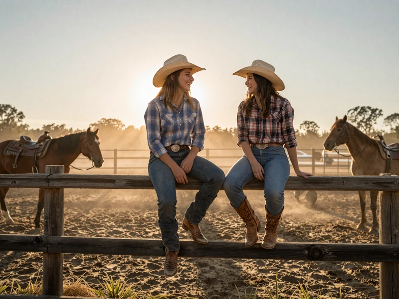 Cowboy and cowgirl on a fence at a rodeo arena - country farmers dating