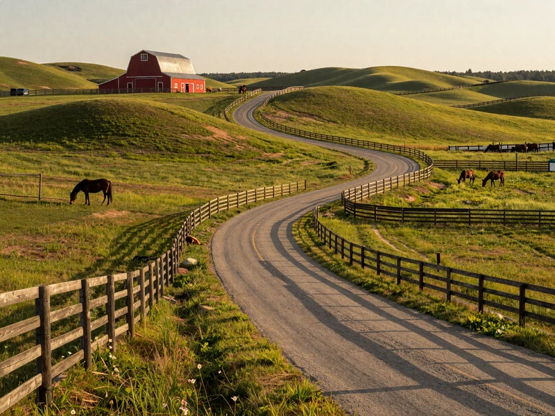 Scenic country road through rolling green hills with wooden fences red barn and horses grazing at golden hour