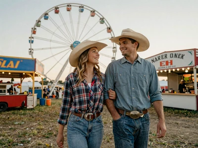 Young couple enjoying a Midwest county fair with Ferris wheel and farm exhibits in background