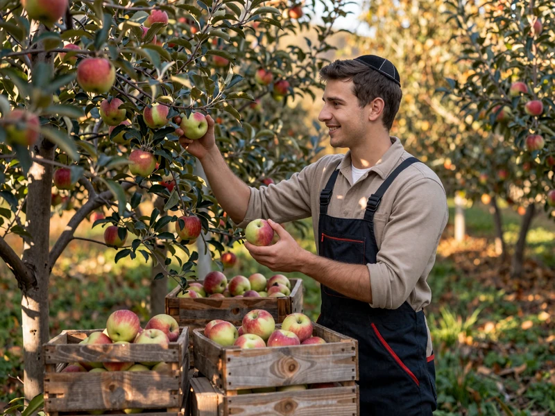 Jewish farmer picking apples in an autumn orchard - Jewish farmers dating community
