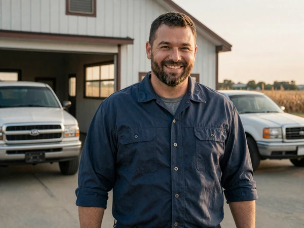 Marcus, a small-town mechanic standing in front of his garage in rural Iowa