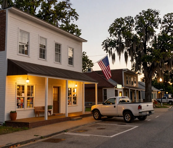 Small town main street in rural Arkansas at dusk showing tight-knit community atmosphere for farm dating