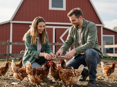 Couple feeding chickens on a family farm - life on farm and relationships