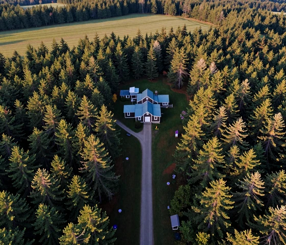 Aerial view of an isolated Maine farmstead surrounded by dense pine forests showing rural dating challenges