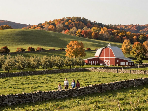 Beautiful Northeast family farm with rolling green hills and an apple orchard in warm autumn light