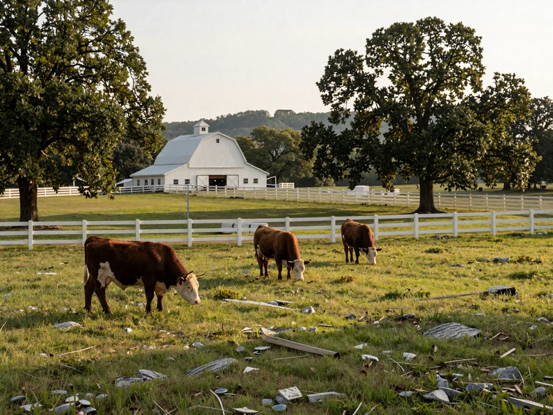 Hereford cattle on rolling green pasture in Middle Tennessee with white barn and oak trees
