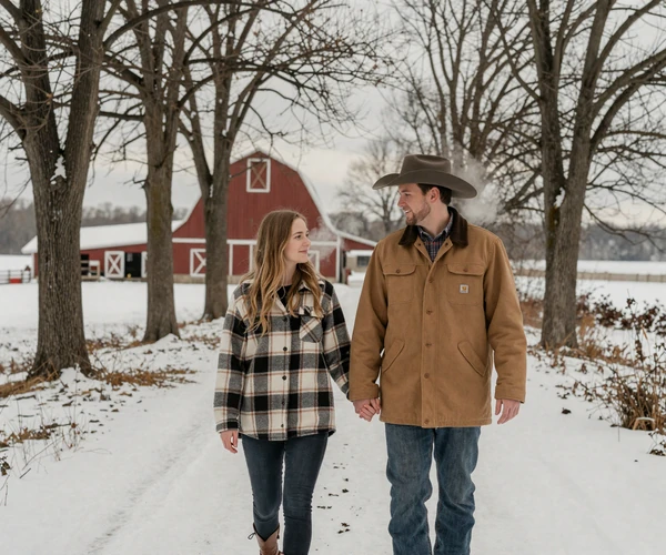 Couple walking hand in hand on a snowy country lane near a red barn - winter is peak dating season for farmers