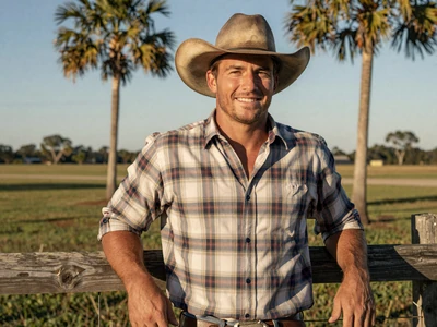 Wade, a cattle rancher from Okeechobee Florida, standing by a fence on his ranch at golden hour
