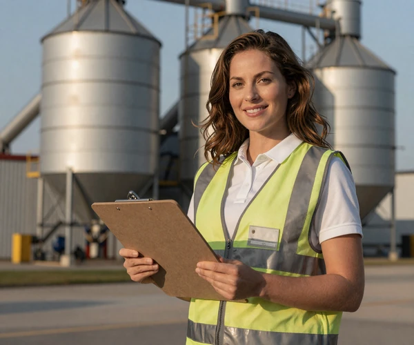 Female agribusiness professional standing confidently in front of grain elevator facility in warm afternoon light