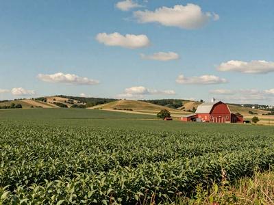 Ohio farmland with soybean fields and red barn for Ohio farmers dating
