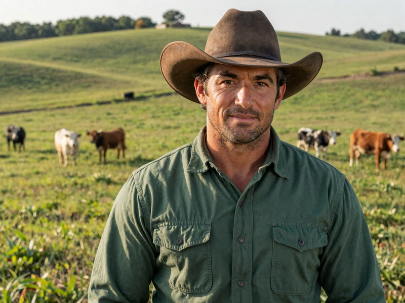 Derek, a cattle rancher from Marion Southern Illinois, standing in green pasture with cattle in background