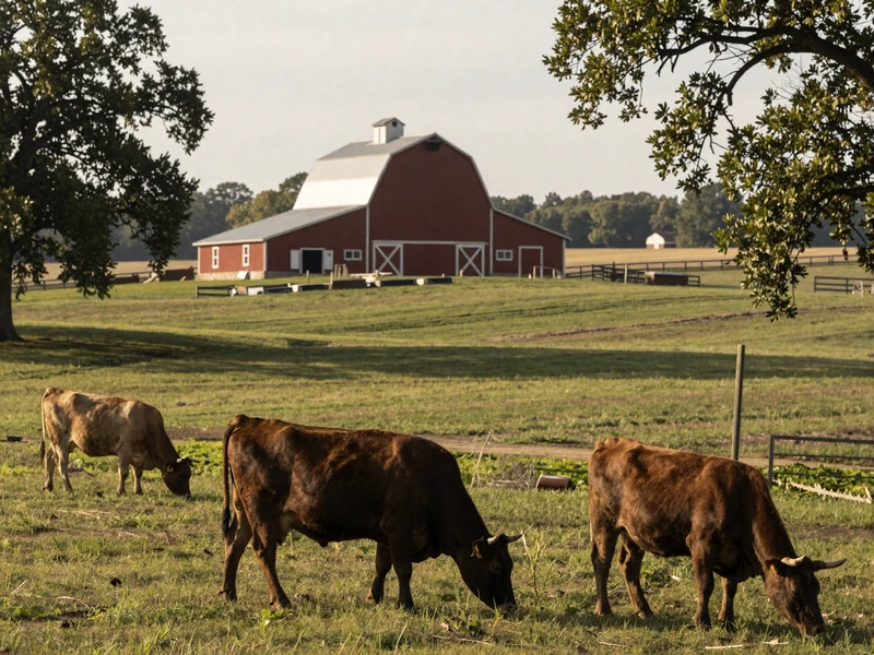 Cattle grazing in rolling green pasture in Southern Illinois with red barn and oak trees