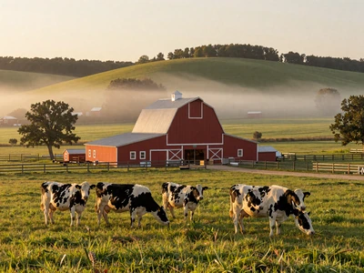 Minnesota dairy farm at sunrise with red barn and green pastures for Minnesota farmers dating