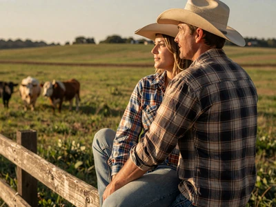 Farmer couple sitting on a wooden fence overlooking green pastures - how to date a farmer guide