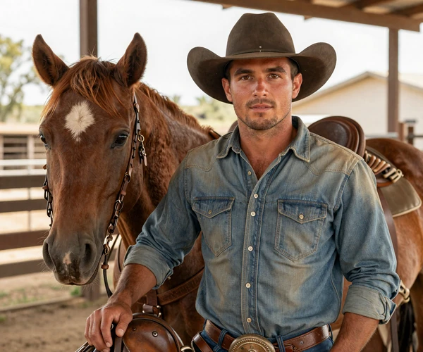 Cowboy standing beside his quarter horse at a ranch corral - authentic cowboy dating lifestyle