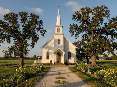 Small white country church surrounded by green farmland and wildflowers in morning light