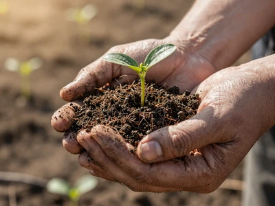 Farmer hands holding soil with a seedling - stewardship values in Christian farming