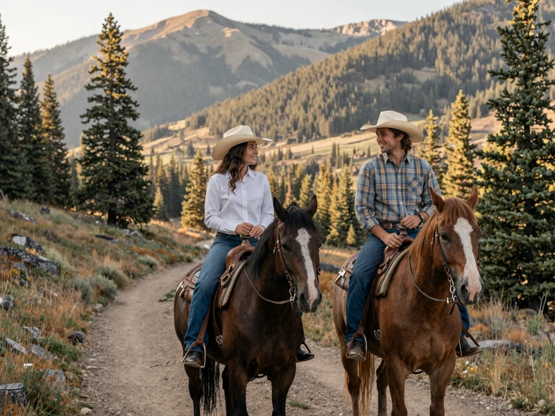 Cowboy and cowgirl riding horses together on Montana mountain trail representing country dating lifestyle