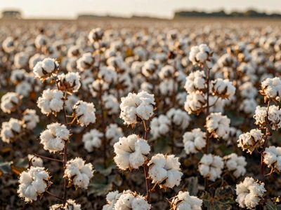 Ripe cotton bolls ready for harvest in an Alabama Black Belt cotton field at golden hour
