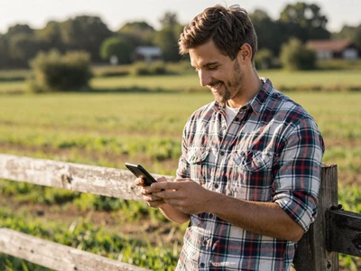 Young farmer smiling at his phone by a pasture fence - online dating tips for agricultural singles