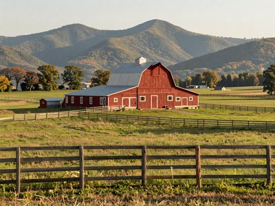 Tennessee rolling farmland with red barn and Smoky Mountains for Tennessee farmers dating