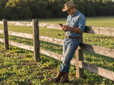 Farmer checking smartphone by a fence - mobile-first dating site for farmers