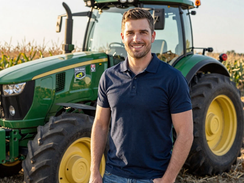 Marcus, a precision agriculture manager standing next to modern tractor in an Illinois cornfield