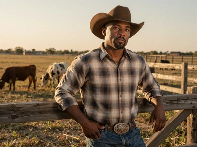 Robert, a Black cattle rancher in Texas wearing a cowboy hat by a ranch fence
