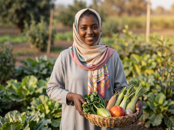 Fatima, a Somali American Muslim farmer holding fresh vegetables in her organic garden in morning sunlight