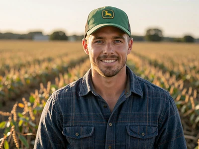 Jake, Indiana corn and soybean farmer from Tippecanoe County smiling in his field