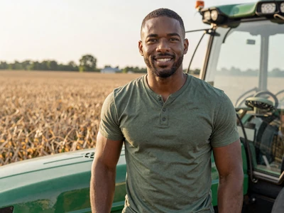 Marcus, a Black soybean farmer in Tennessee standing near his tractor in the field
