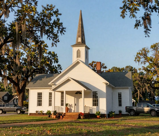 Small white country church in rural Alabama surrounded by green pastures and oak trees representing faith-based farm community dating