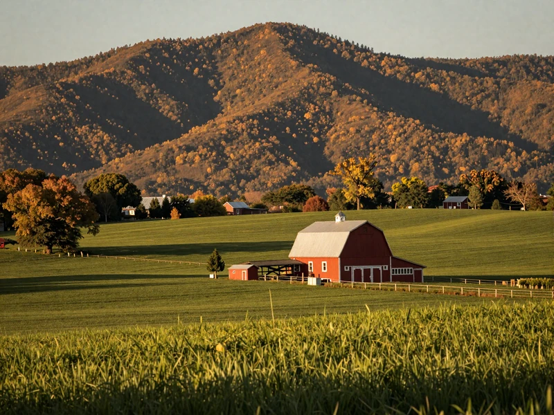 Tennessee rolling farmland with red barn and Smoky Mountains for Tennessee farmers dating