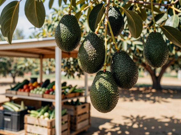 Ripe avocados on a tree branch at a California organic farm with crates of fresh vegetables nearby