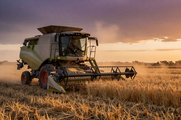 Combine harvester in a golden wheat field at dusk - seasonal dating challenges for farmers