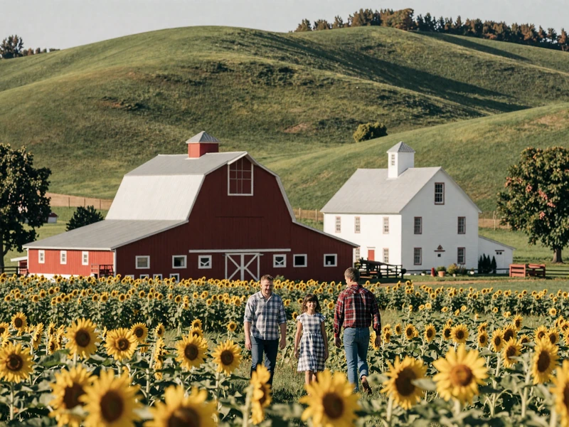 Traditional Midwestern family farm with red barn - European farmers dating