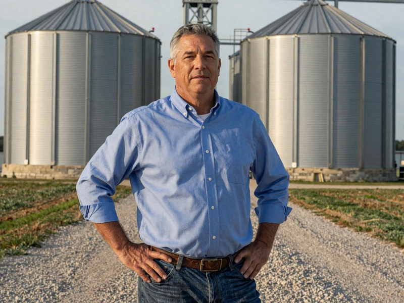 Marcus an agribusiness CEO standing between modern grain silos in Iowa in late afternoon golden light