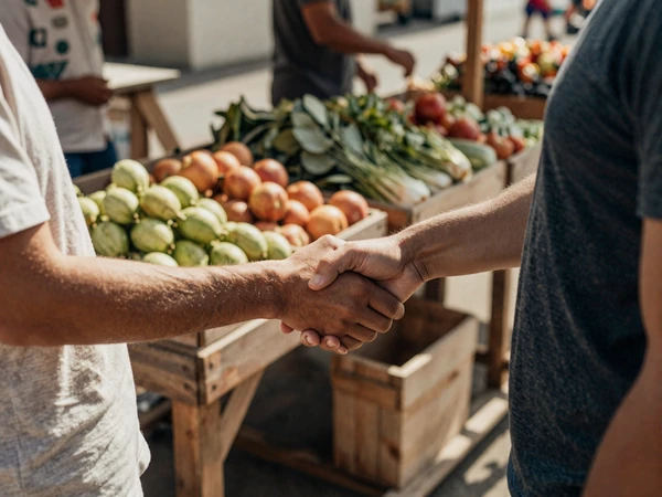 Two people shaking hands at a rural farmers market with fresh produce stalls in warm sunlight
