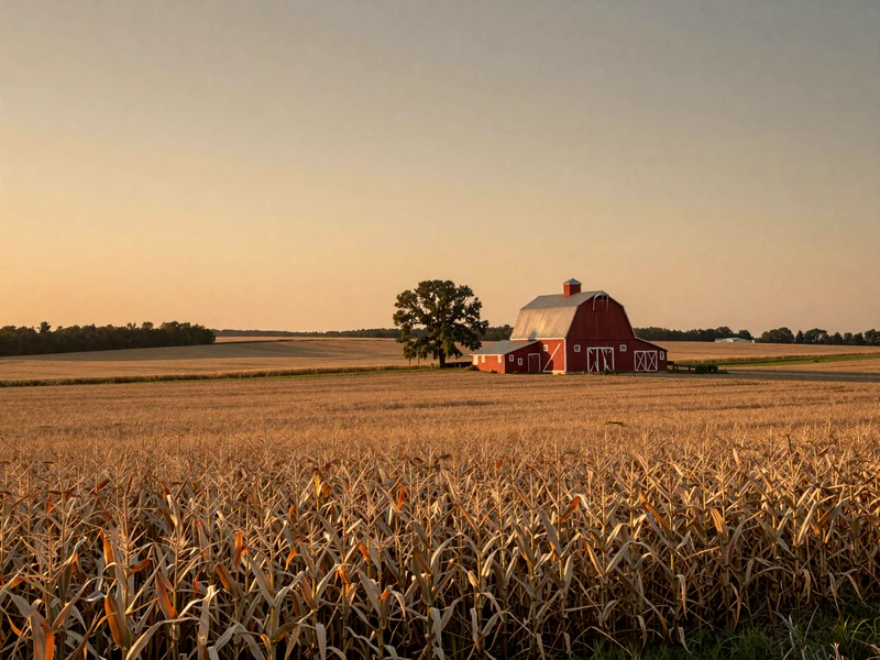 Iowa farmland at sunset with golden cornfields and red barn for Iowa farmers dating