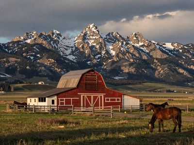 Montana ranch with red barn and Rocky Mountains backdrop - Montana farmers dating