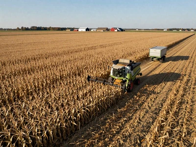 Combine harvesting golden corn in southwestern Minnesota with flat prairie stretching to horizon