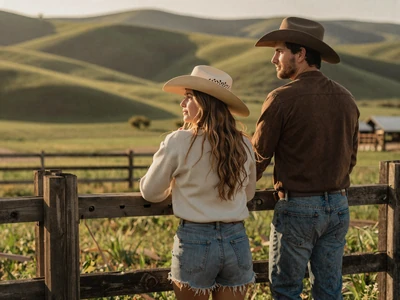 Couple in western wear at a ranch fence - country farmers dating community