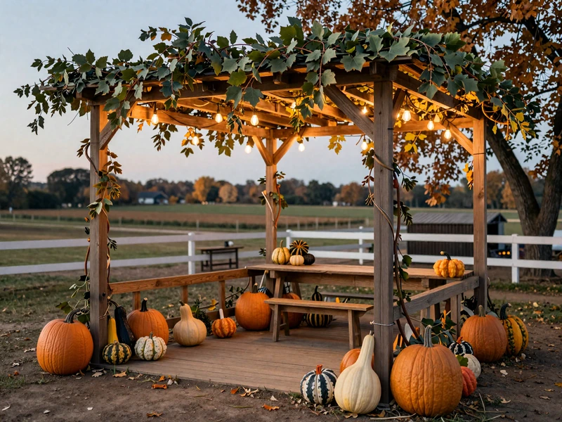 Decorated sukkah harvest shelter with pumpkins and autumn produce on a farm at evening with warm string lights