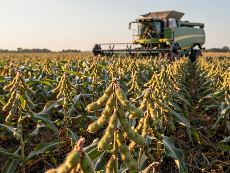Mature soybean plants ready for harvest in a vast Missouri field with corn rows and combine harvester