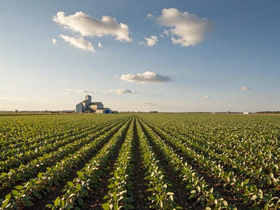 Illinois flat farmland with soybean rows and grain elevator for Illinois farmers dating
